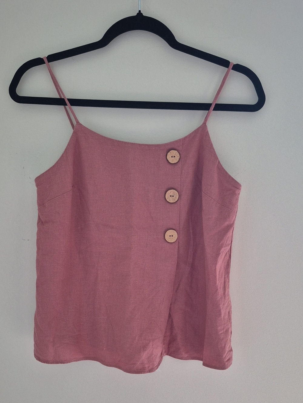 Topshop Dusty Pink Linen-Blend Spaghetti Strap Tank with Wooden Buttons